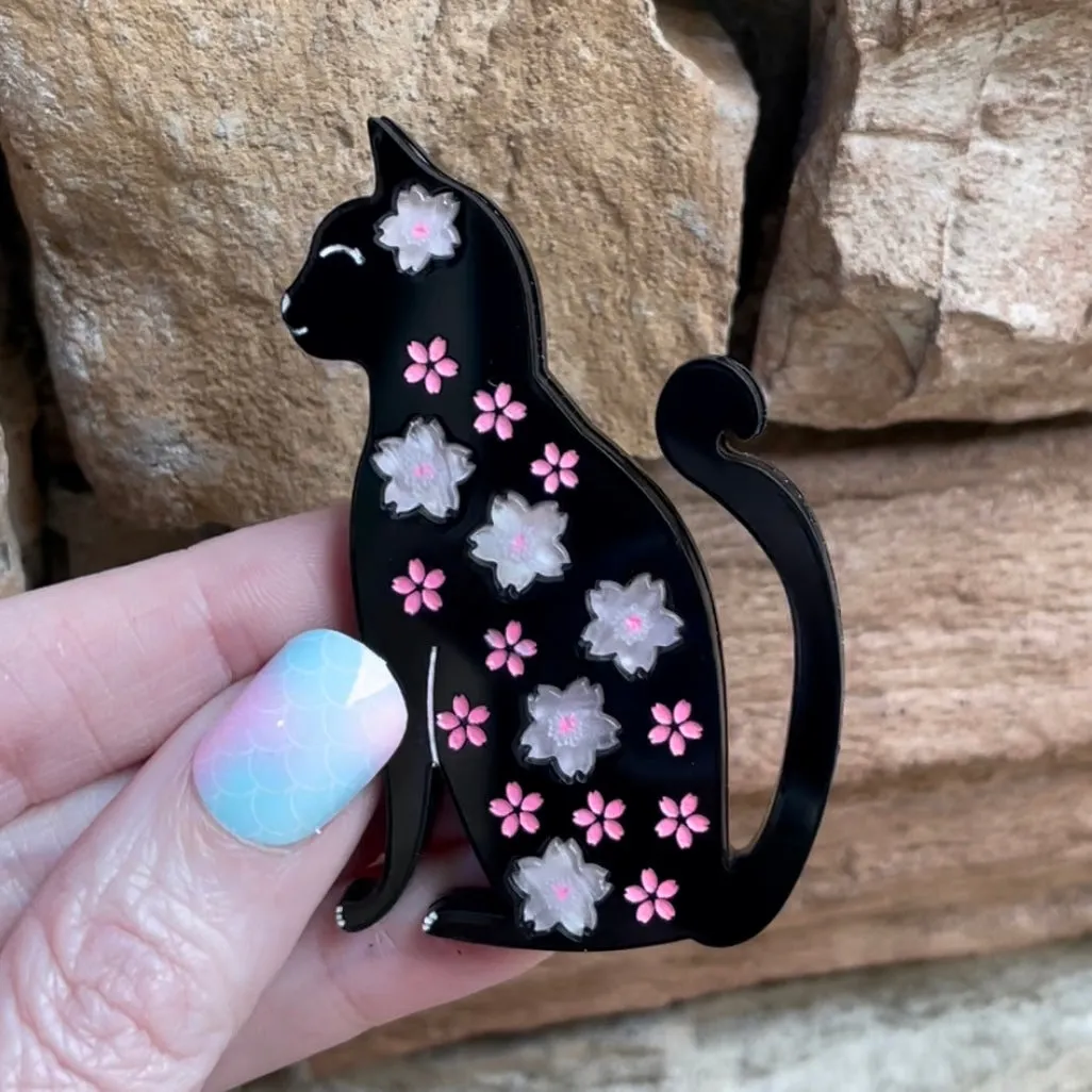 Cherry Blossom black kitty - Brooch