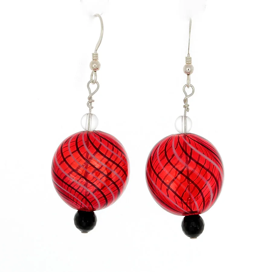 Cherry Red with Black Stripes Blown Glass Earrings in Sterling Silver