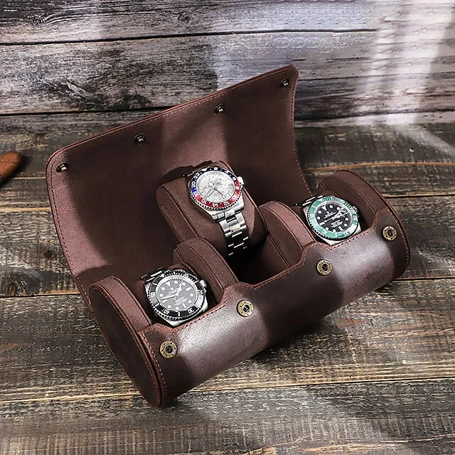 Coffee Genuine Leather Watch Roll Travel Case For 3 Watches