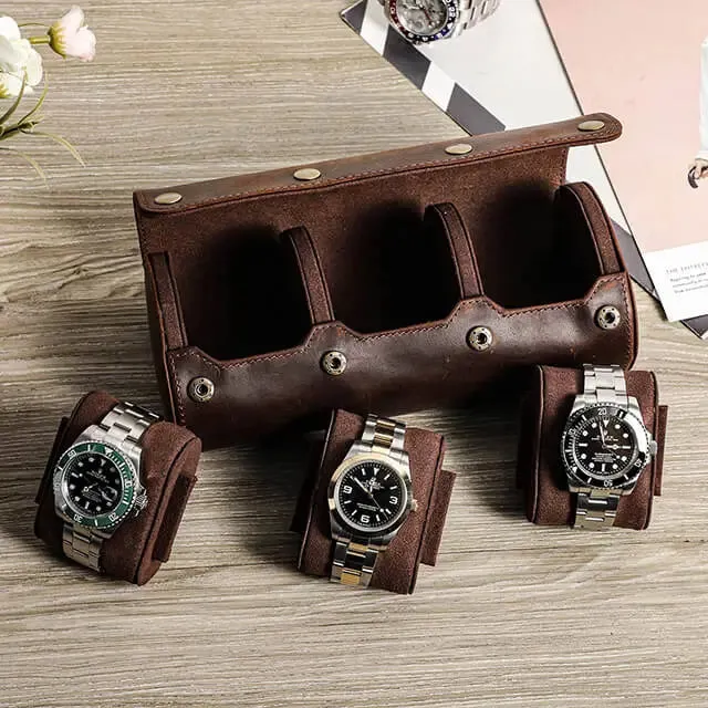 Coffee Genuine Leather Watch Roll Travel Case For 3 Watches