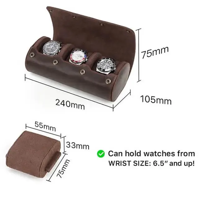 Coffee Genuine Leather Watch Roll Travel Case For 3 Watches