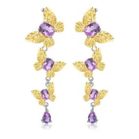 Colourful Gemstone Beading Butterfly Design Silver Drop Earrings for Women