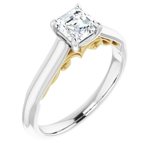 Cubic Zirconia Engagement Ring- The Adelaide (Customizable Asscher Cut Cathedral Solitaire with Two-Tone Option Decorative Trellis 'Down Under')