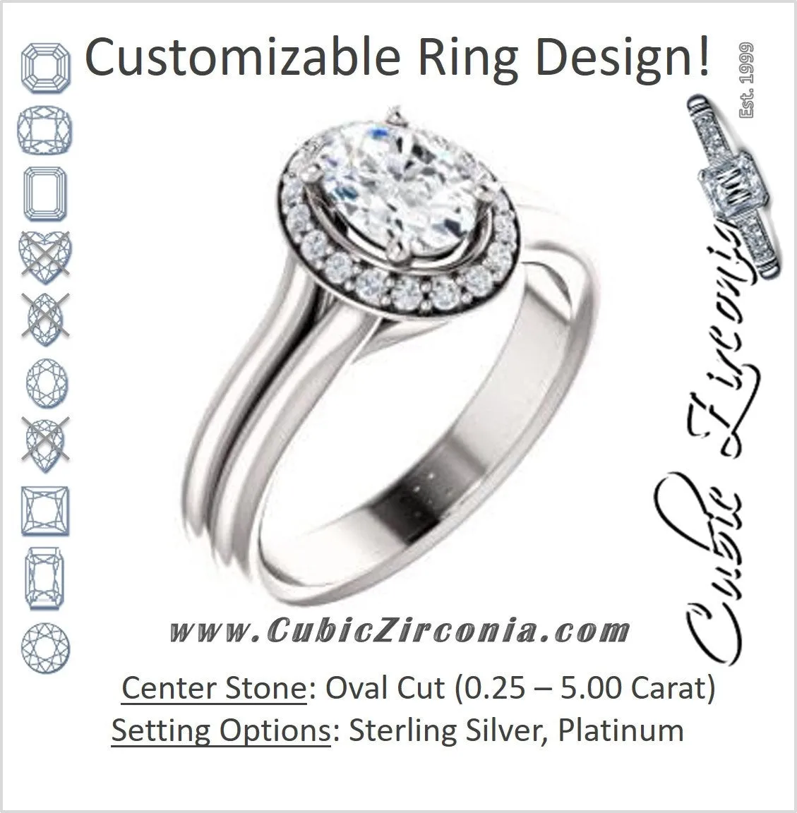 Cubic Zirconia Engagement Ring- The Bebi (Customizable Cathedral-Halo Oval Cut Design with Wide Split Band)