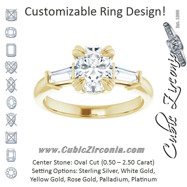 Cubic Zirconia Engagement Ring- The Betyhelena (Customizable 3-stone Oval Cut Design with Tapered Baguettes)