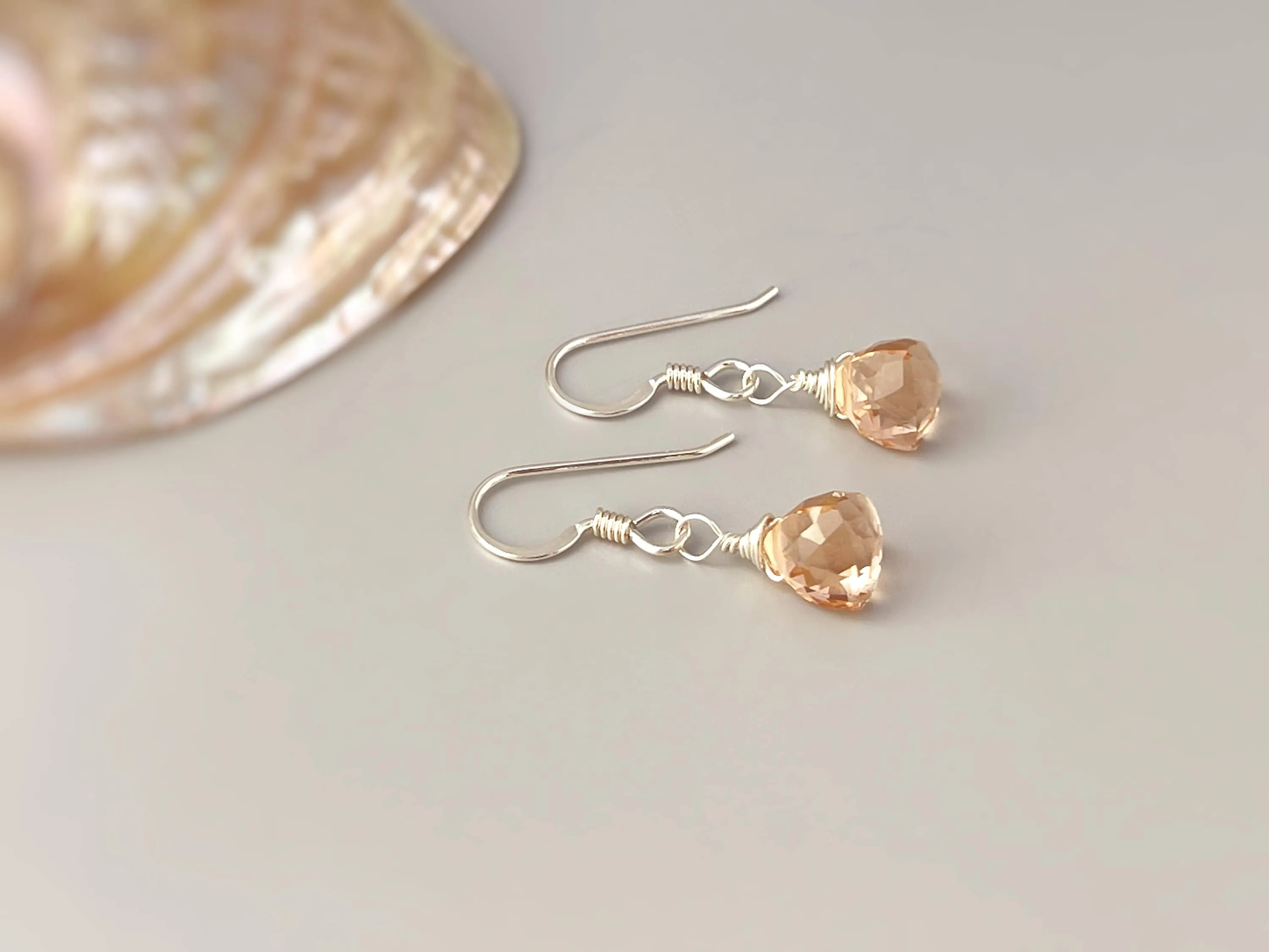 Dainty Morganite earrings dangle 14k gold, Sterling Silver, Rose Gold Peach Pink Quartz