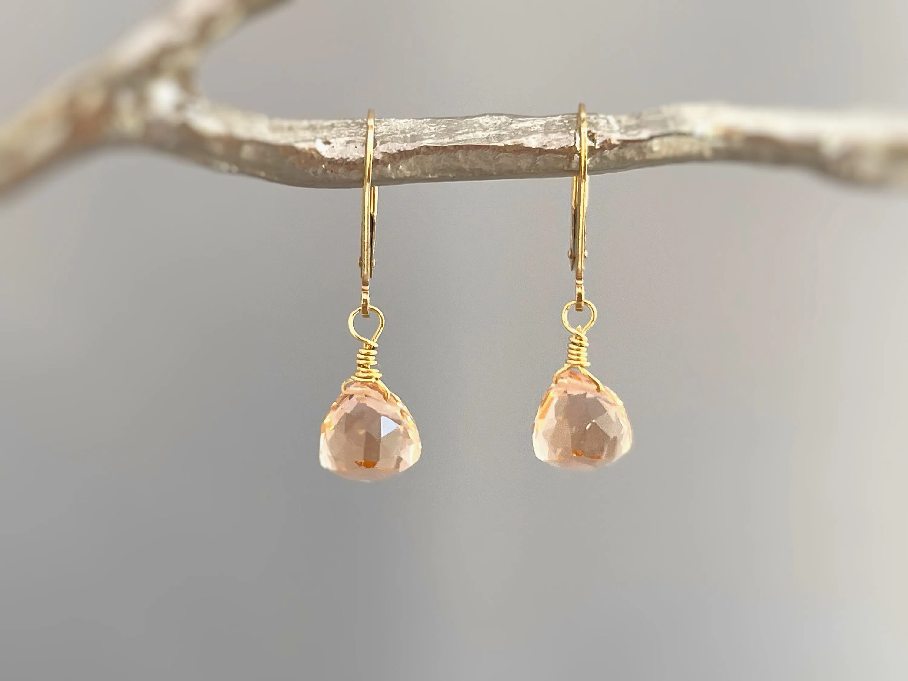 Dainty Morganite earrings dangle 14k gold, Sterling Silver, Rose Gold Peach Pink Quartz