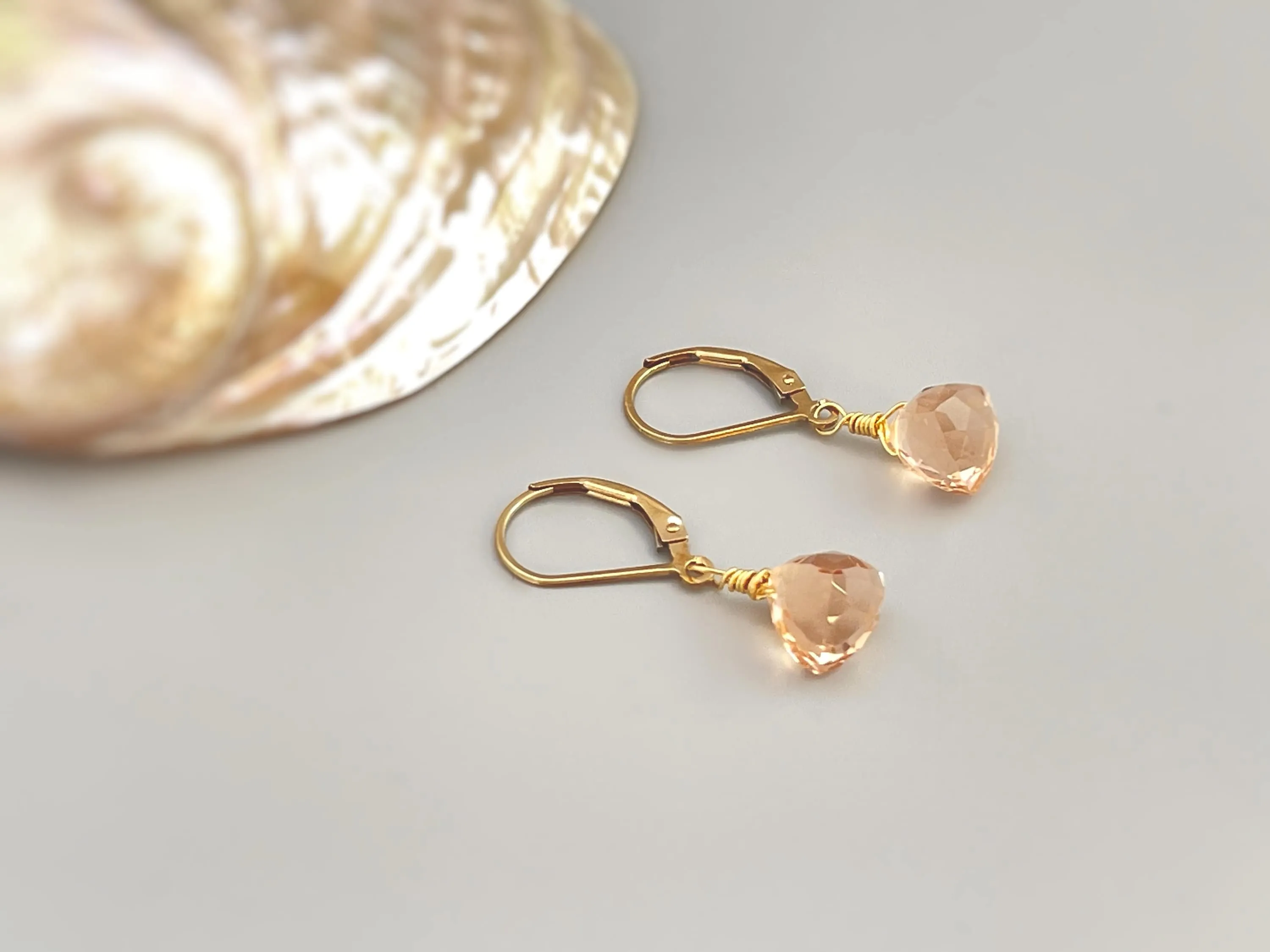 Dainty Morganite earrings dangle 14k gold, Sterling Silver, Rose Gold Peach Pink Quartz