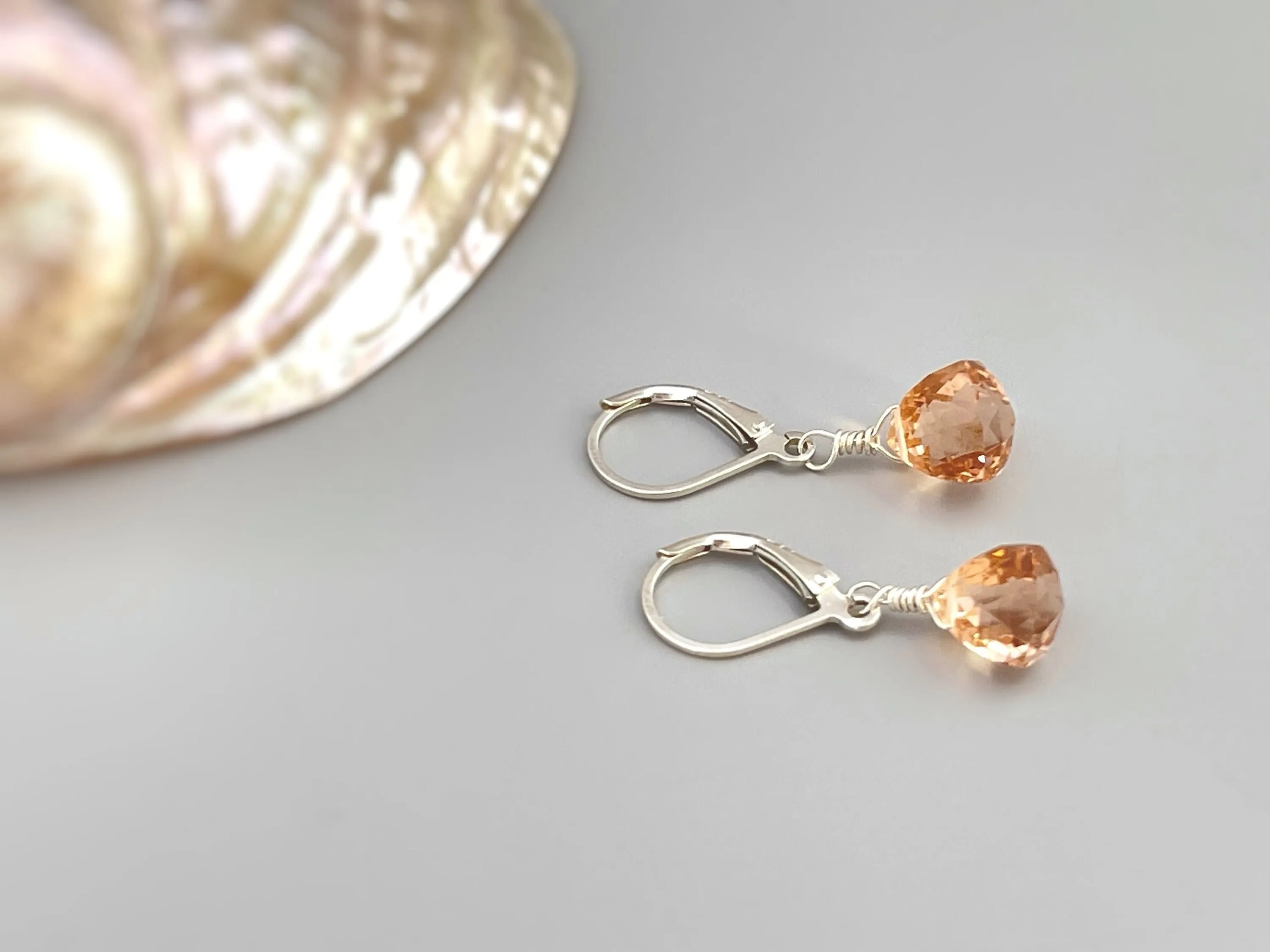 Dainty Morganite earrings dangle 14k gold, Sterling Silver, Rose Gold Peach Pink Quartz