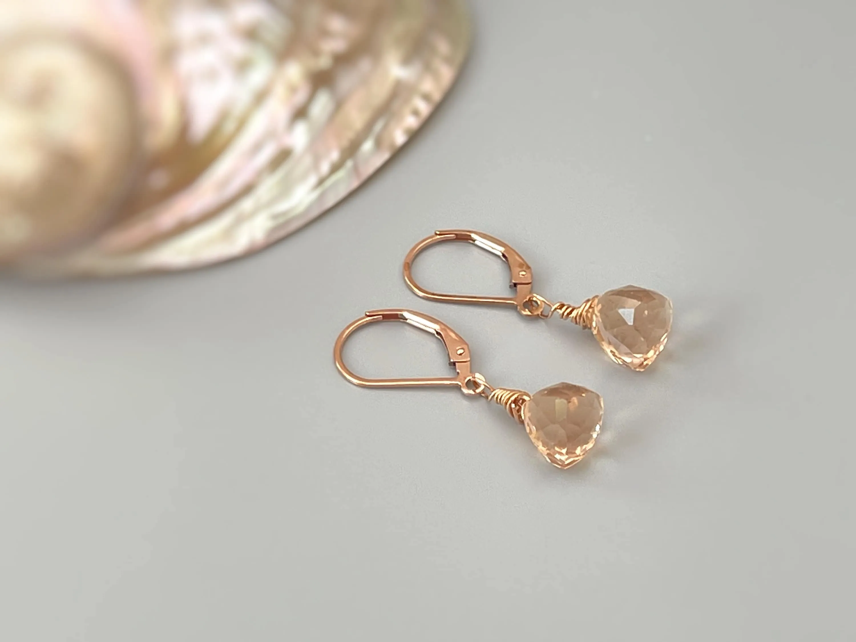 Dainty Morganite earrings dangle 14k gold, Sterling Silver, Rose Gold Peach Pink Quartz