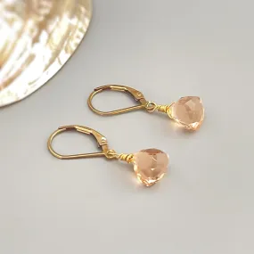 Dainty Morganite earrings dangle 14k gold, Sterling Silver, Rose Gold Peach Pink Quartz