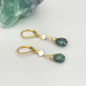 Dainty Raw Emerald earrings dangle gold leverback