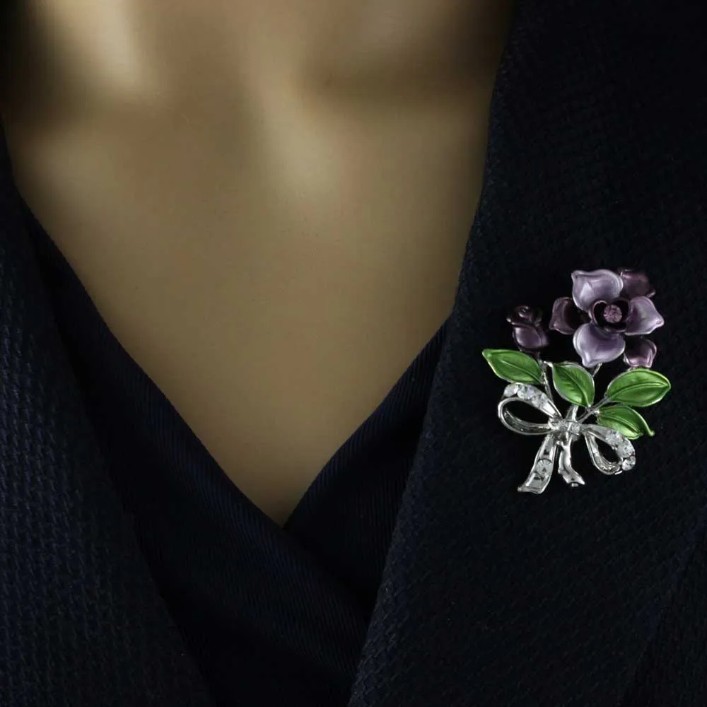 Dark and Light Purple Flowers with Crystals Brooch Pin - PRL605