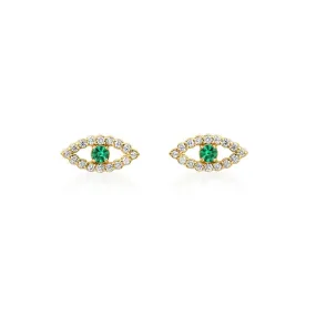 Diamond Mini Open Evil Eye Studs with Emerald Center