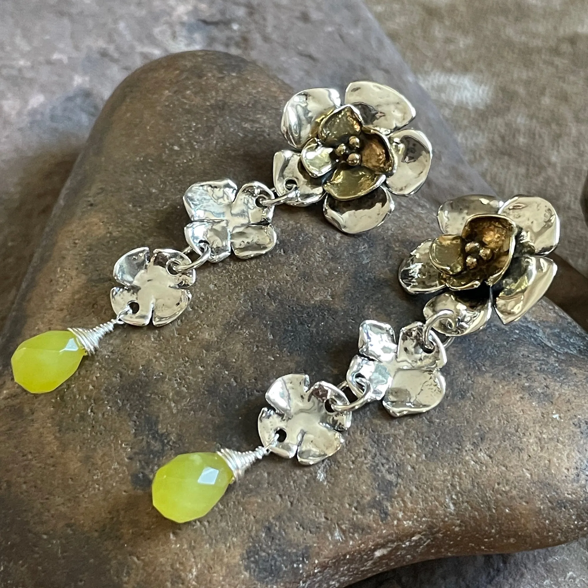 Double Dogwood Flower Earrings with Brass Center and Dogwood and Olive Quartz Drop