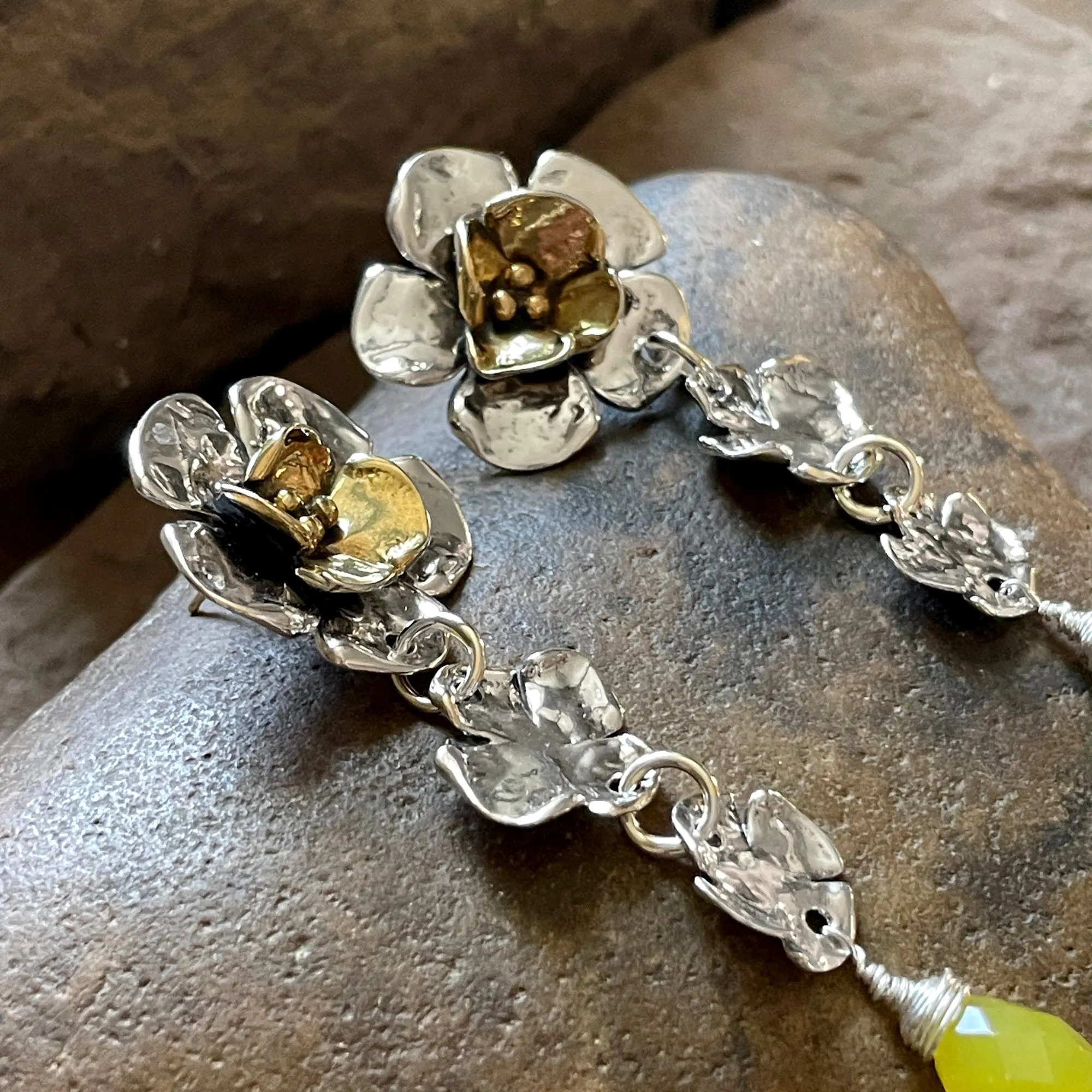 Double Dogwood Flower Earrings with Brass Center and Dogwood and Olive Quartz Drop