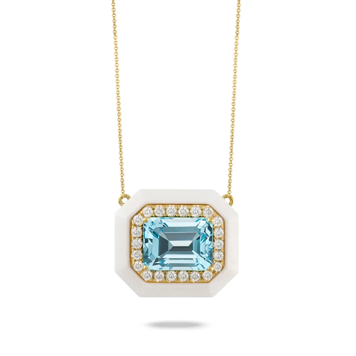 Doves 18K Yellow Gold Diamond Necklace with White Agate Borders and Light Blue Topaz Center