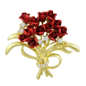 Dozen Red Roses Bouquet with Crystals Flower Brooch Pin - PRL005