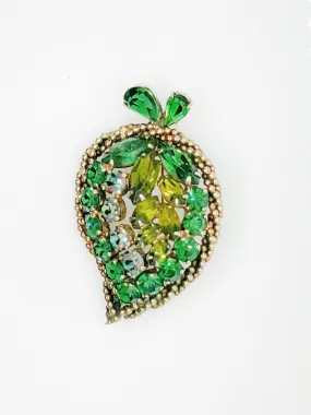 Early Unsigned Weiss Green-Gray Vintage Rhinestone Leaf Brooch