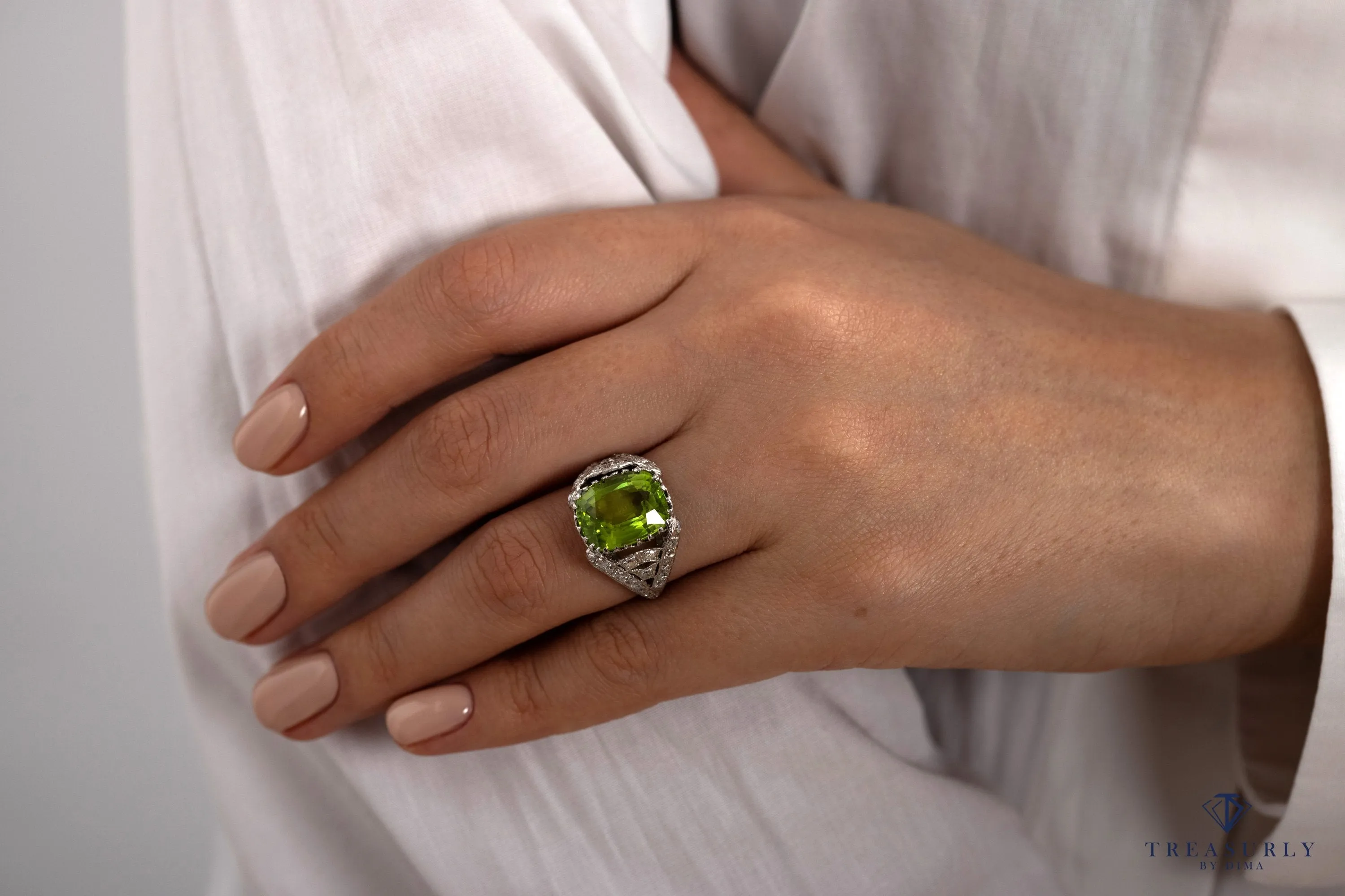 Edwardian GIA 7.87ct PERIDOT & DIAMOND Platinum Antique Vintage Ring