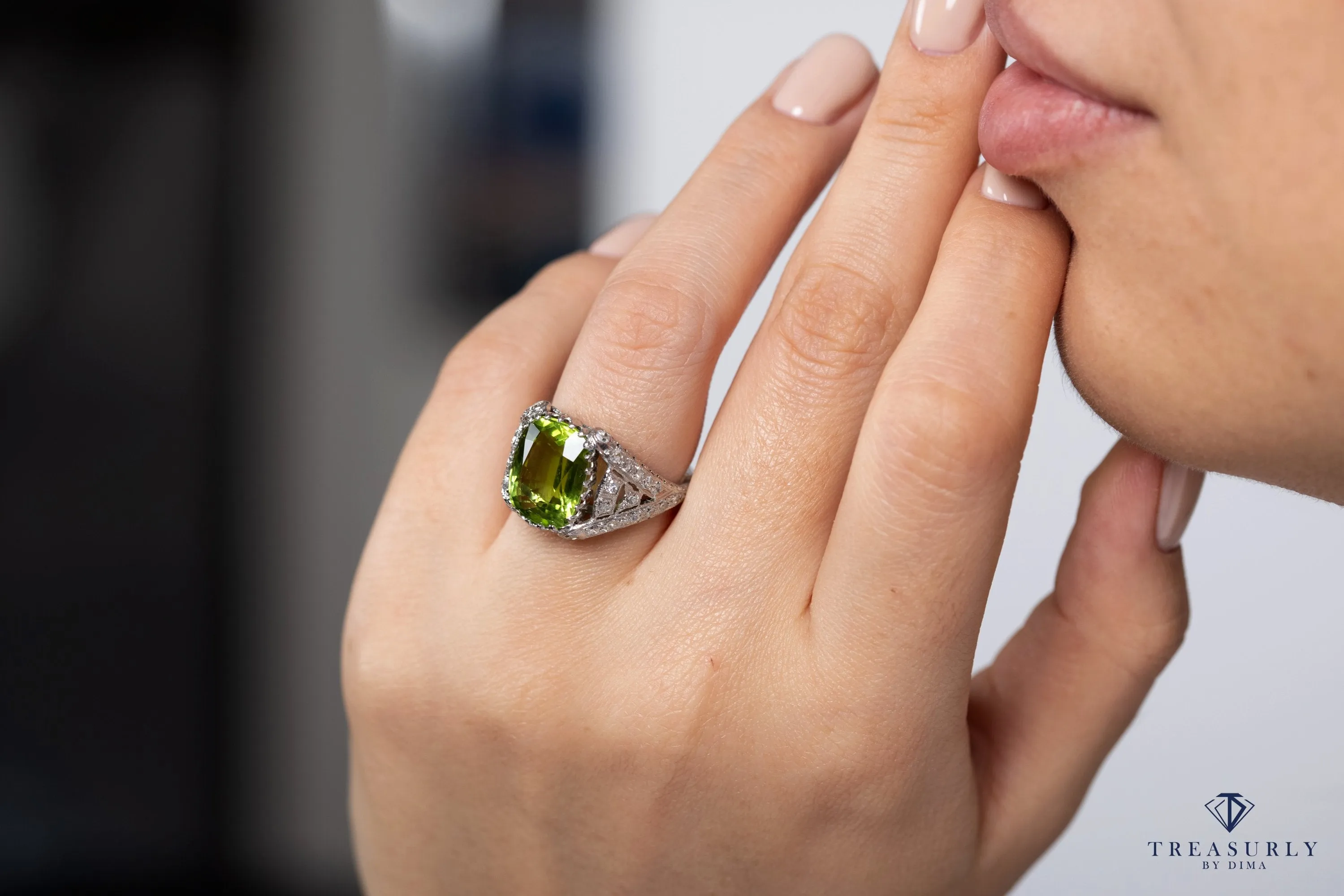 Edwardian GIA 7.87ct PERIDOT & DIAMOND Platinum Antique Vintage Ring