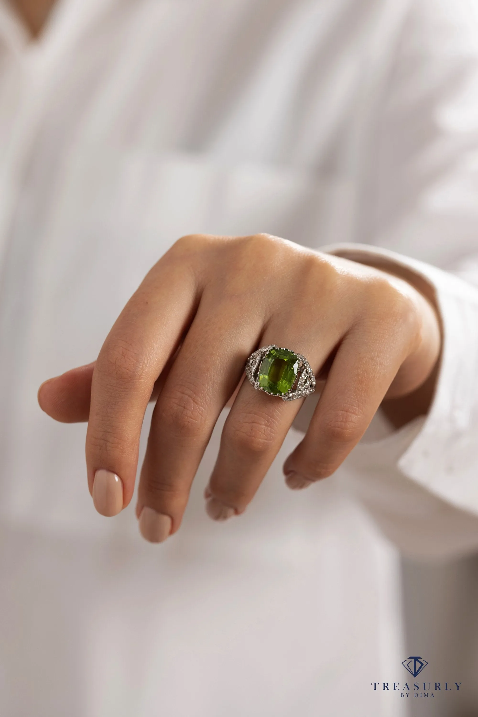 Edwardian GIA 7.87ct PERIDOT & DIAMOND Platinum Antique Vintage Ring