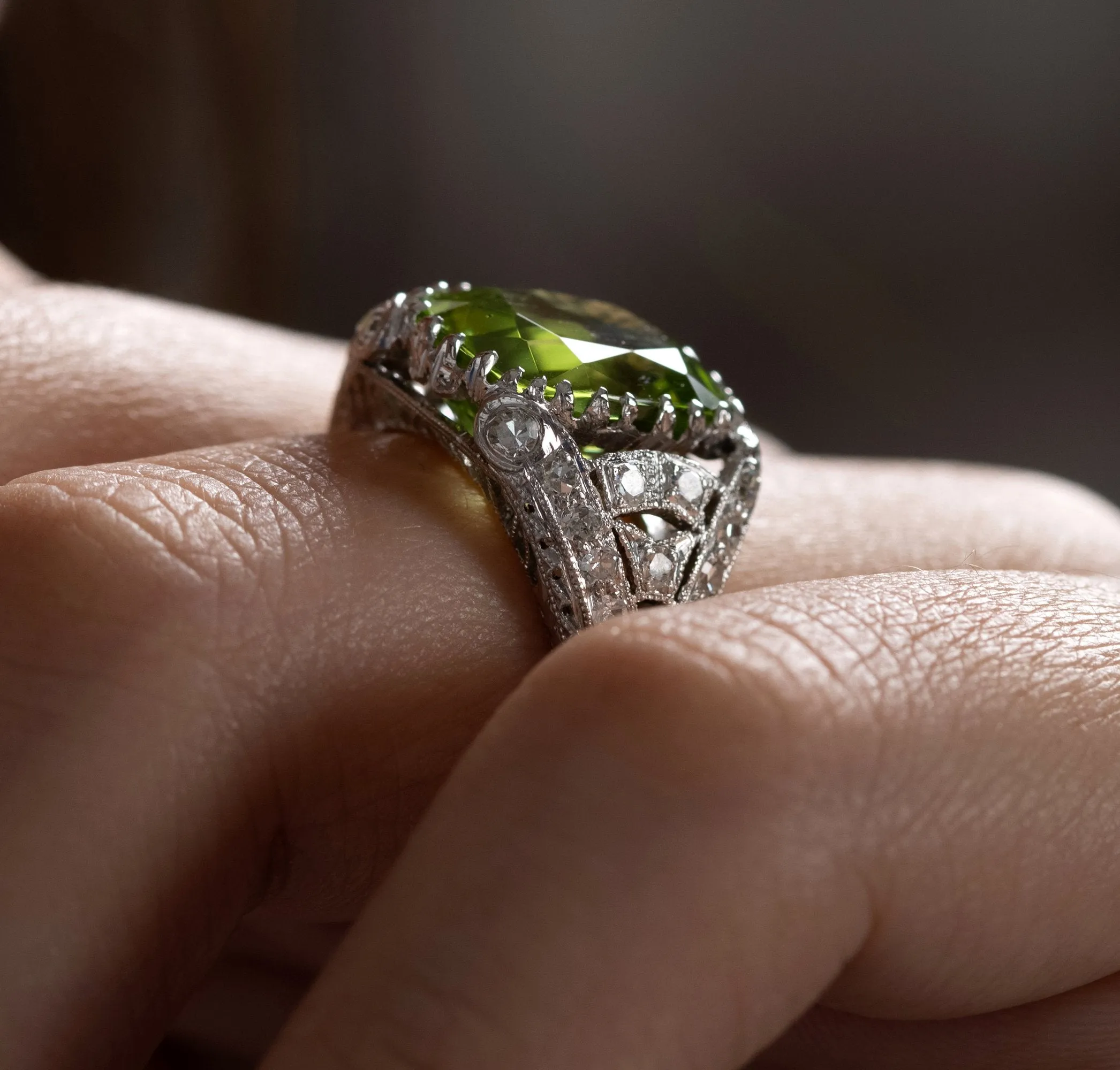 Edwardian GIA 7.87ct PERIDOT & DIAMOND Platinum Antique Vintage Ring