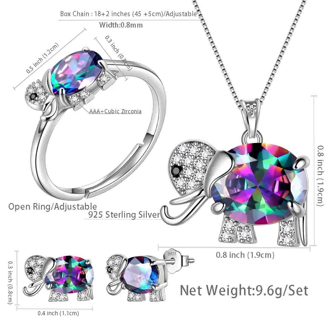 Elephant Rainbow Mystic Topaz Jewelry Set 4PCS Women Girls Birthday Gift