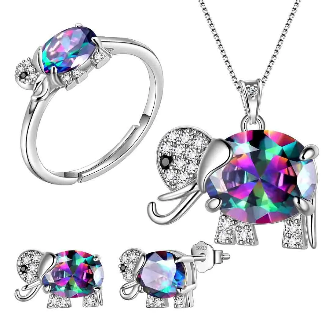 Elephant Rainbow Mystic Topaz Jewelry Set 4PCS Women Girls Birthday Gift