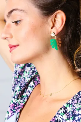 Emerald & Wood Tropical Leaf Drop Earrings