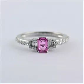 Emerald Cut Pink Sapphire Engagement Ring with Diamonds 14K White Gold