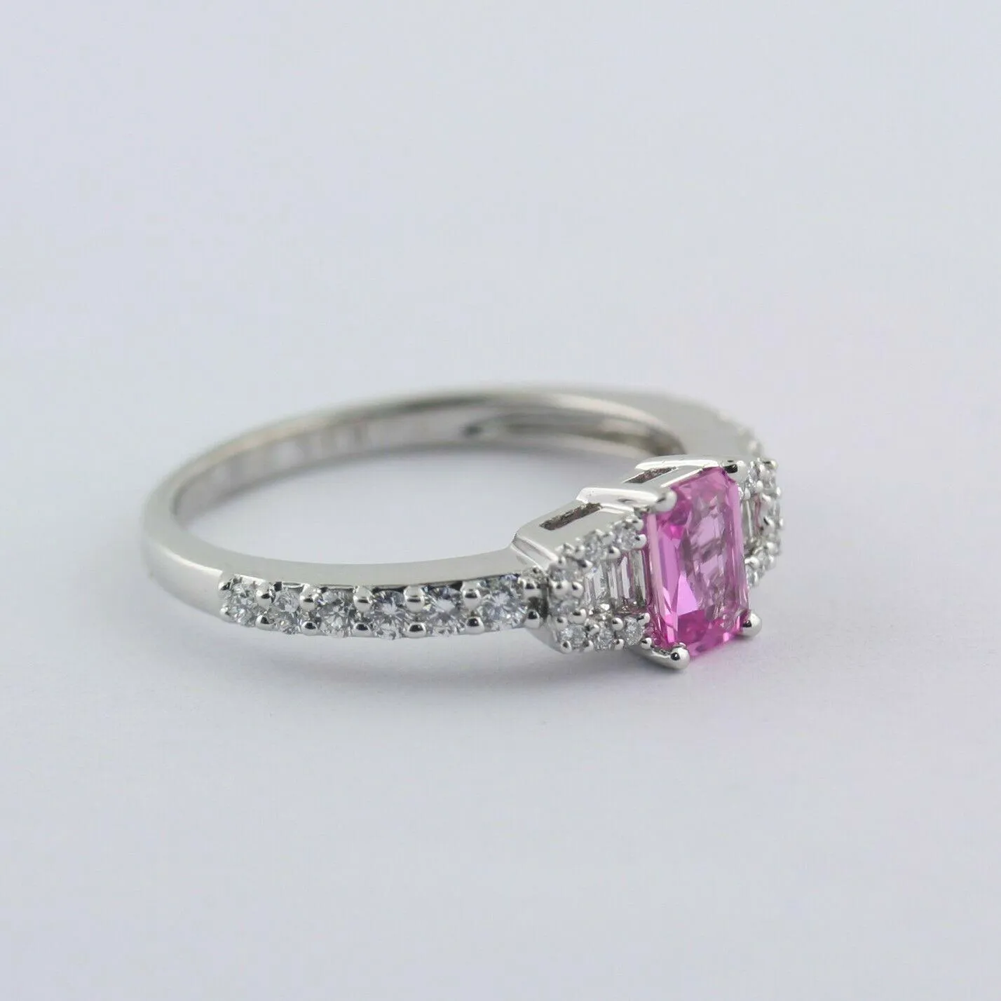 Emerald Cut Pink Sapphire Engagement Ring with Diamonds 14K White Gold