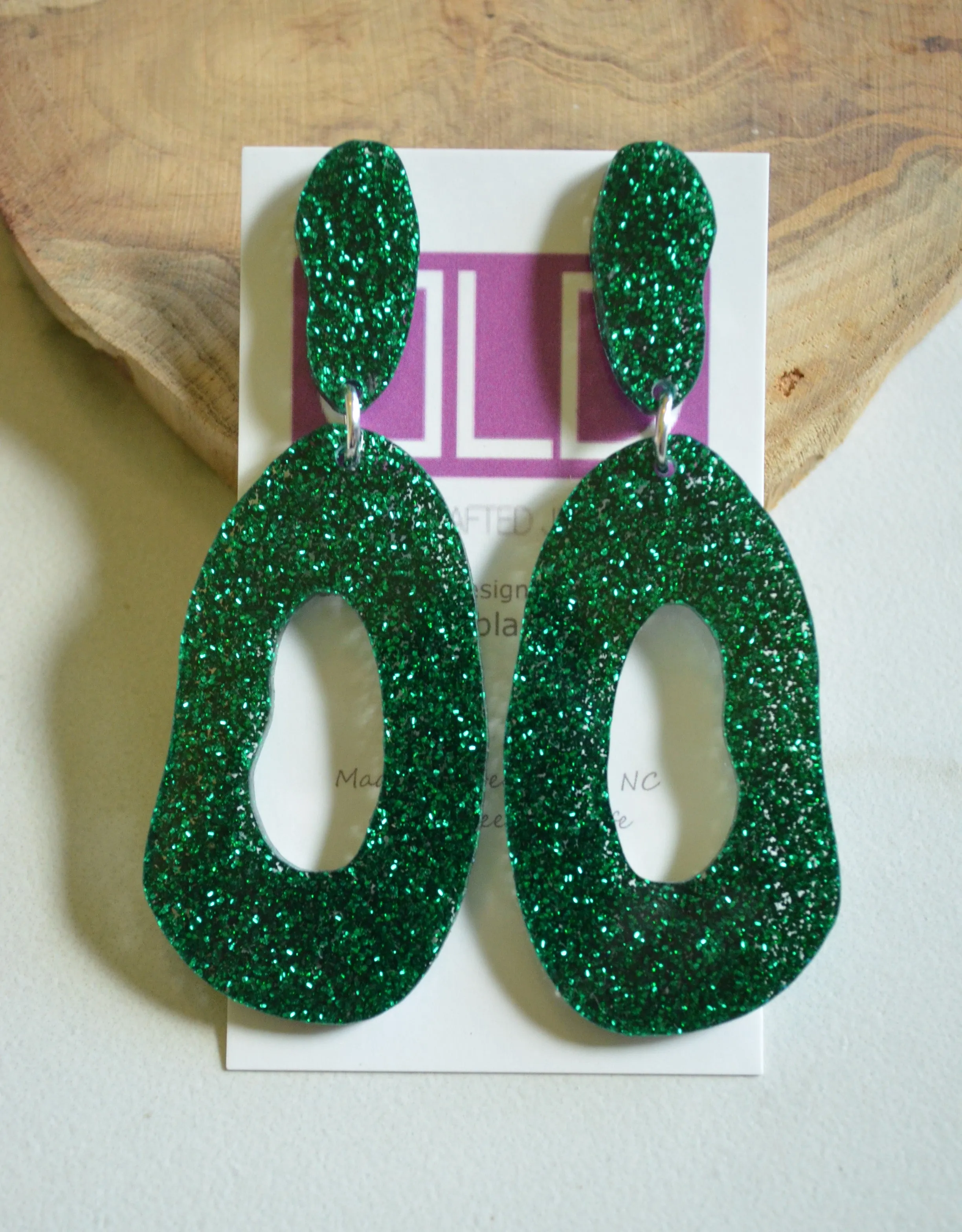 Emerald Green Glitter Lucite Acrylic Big Dangle Statement Earrings - Sylvia