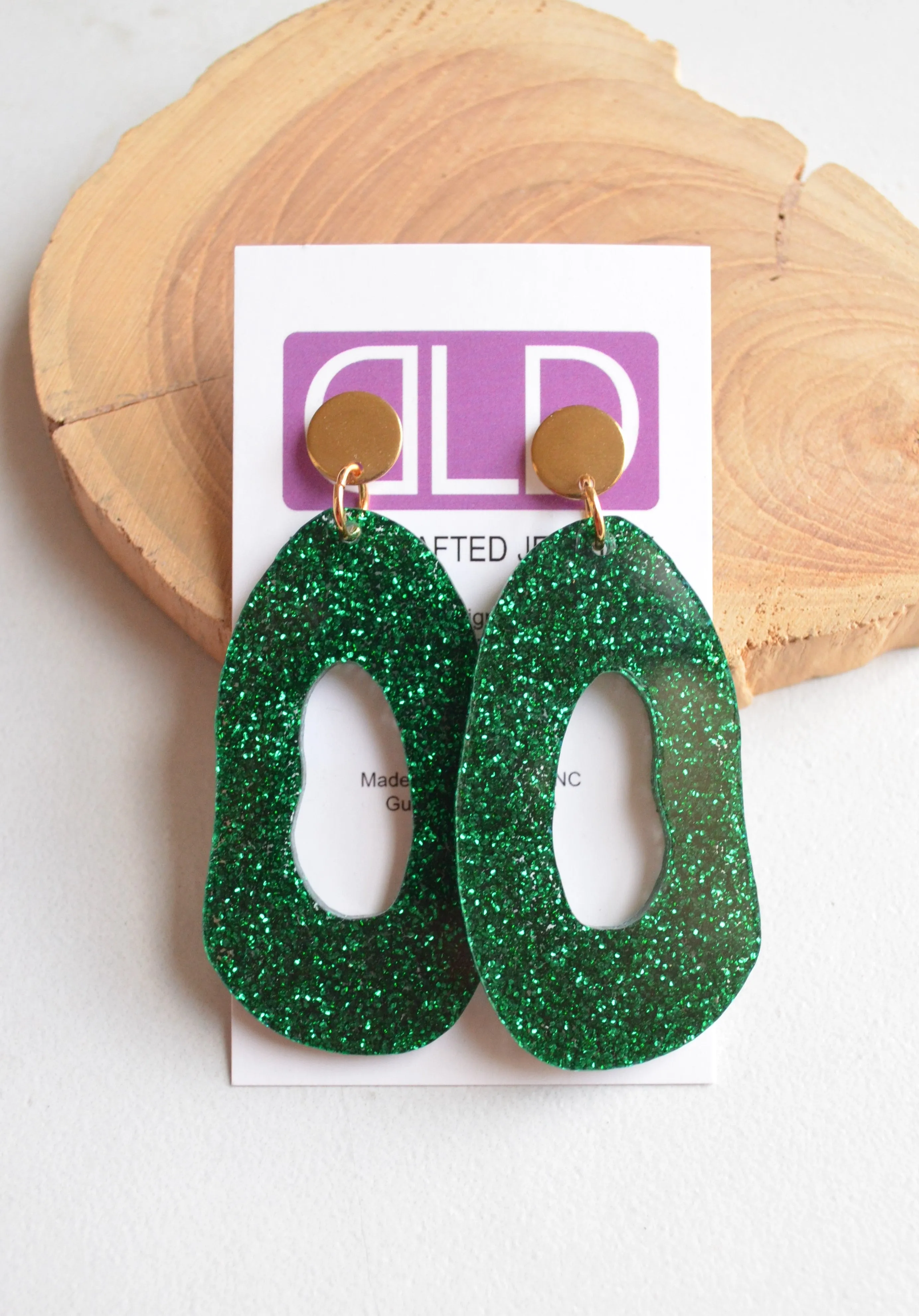 Emerald Green Glitter Lucite Acrylic Big Dangle Statement Earrings - Sylvia