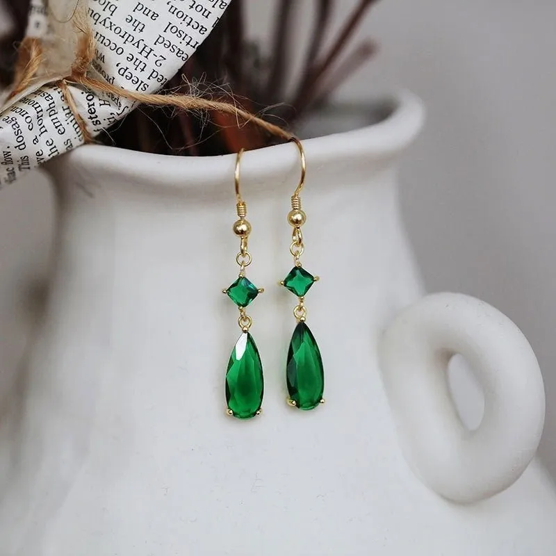 Emerie S925 Silver Emerald Green Dangle Earrings, Teardrop Gems | Vintage Inspired