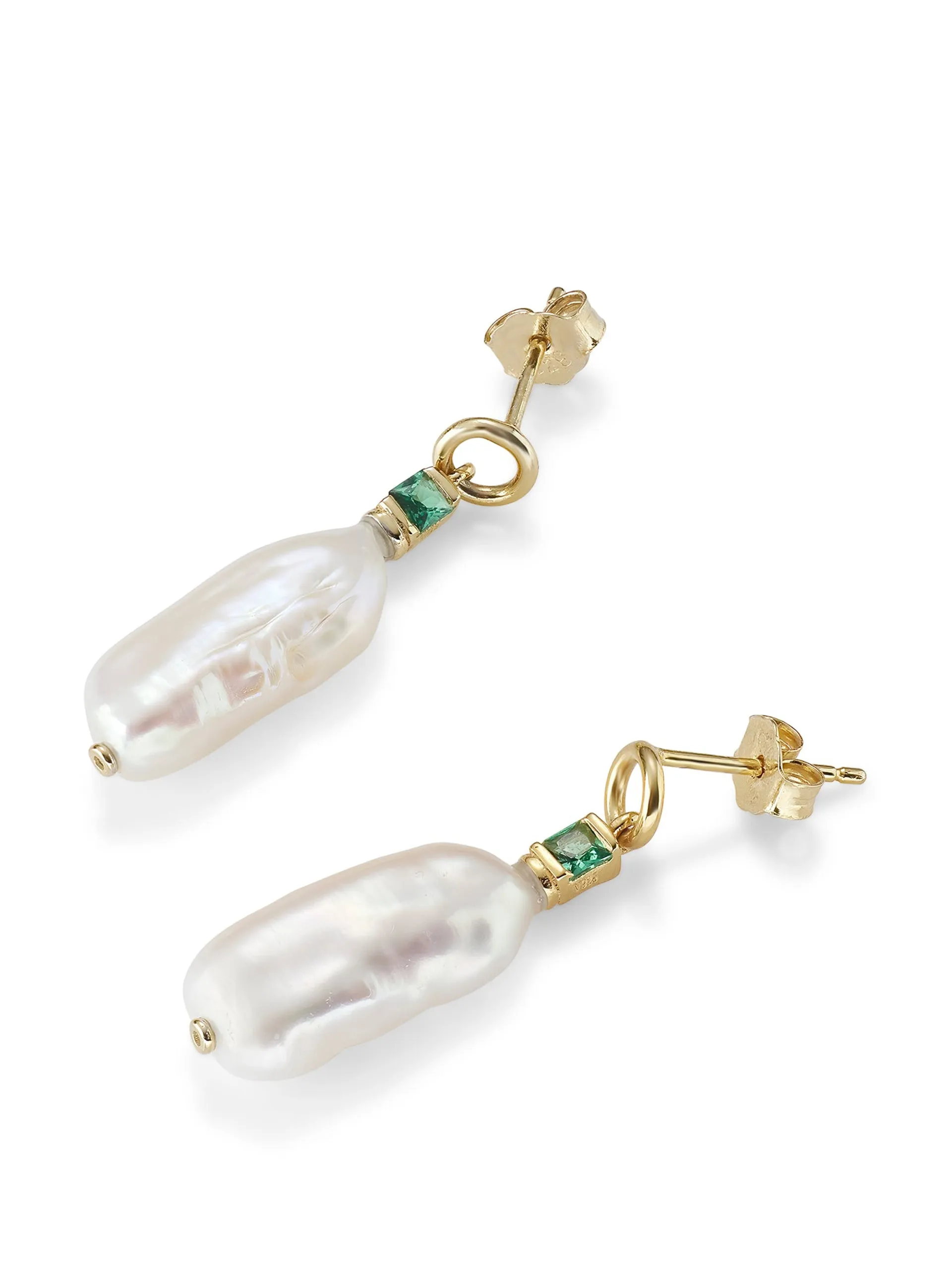 Emily baroque pearl drop earrings with emerald green Stone