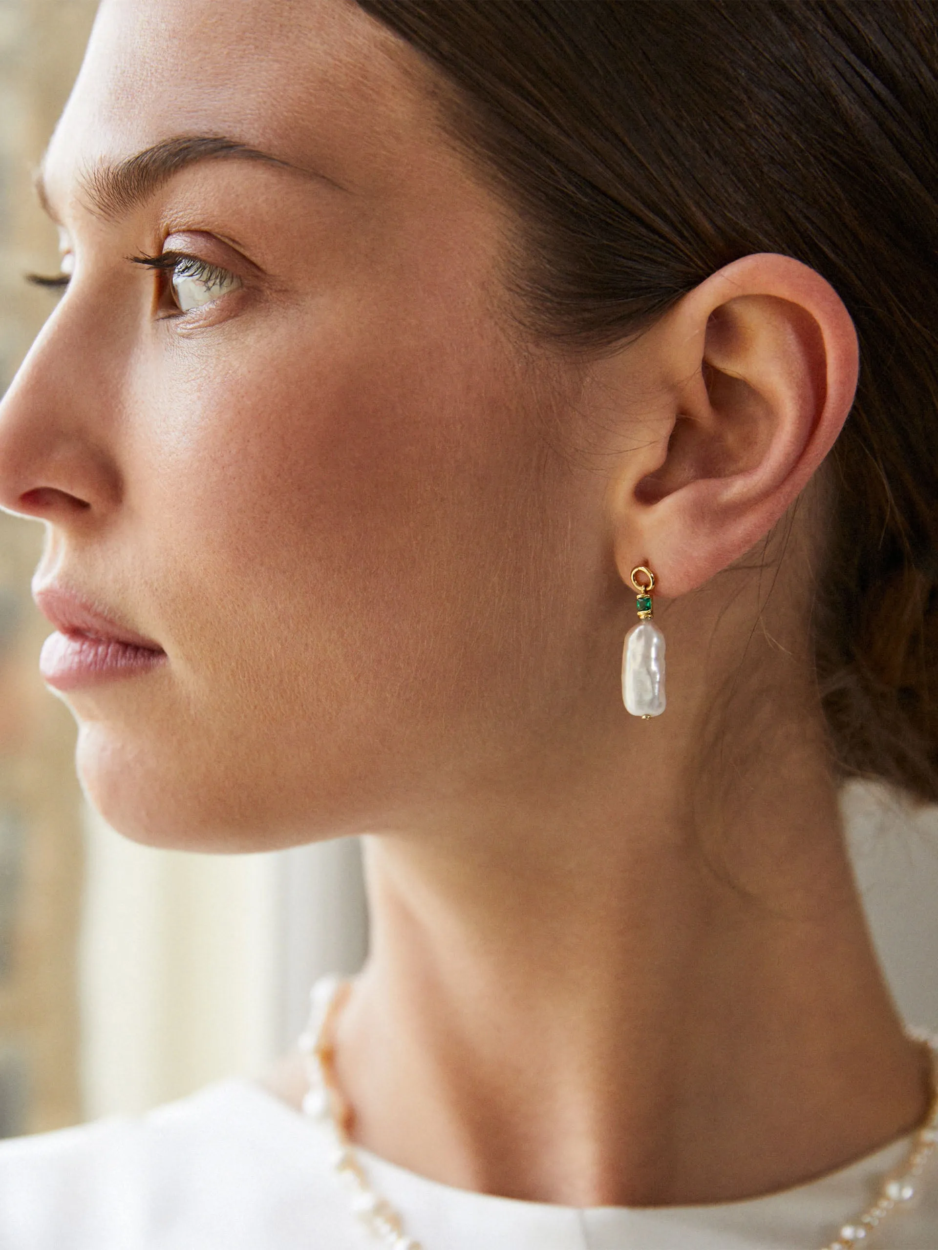 Emily baroque pearl drop earrings with emerald green Stone