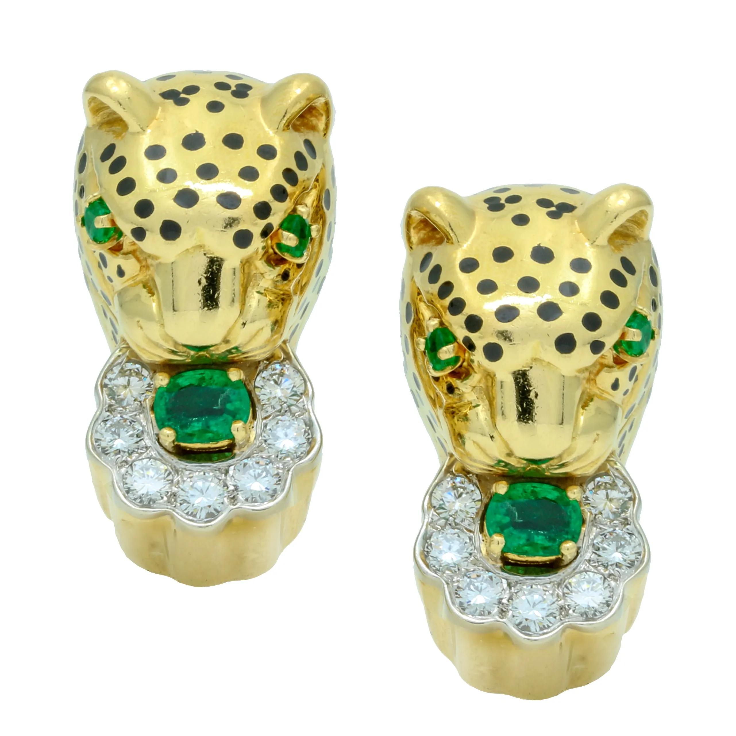 Emis Beros 18K Yellow Gold Panther Earrings with Emeralds, Diamonds, and Enamel