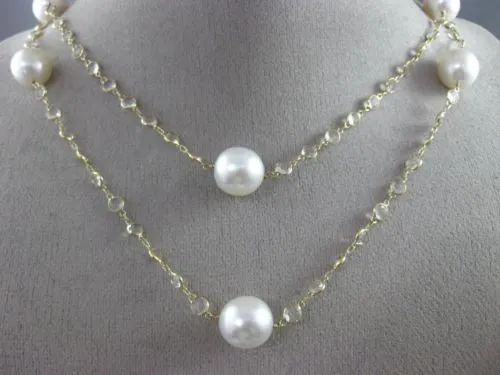 ESTATE LARGE & LONG AAA SOUTH SEA PEARL & WHITE TOPAZ 14KT YELLOW GOLD NECKLACE