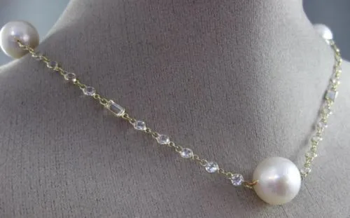 ESTATE LONG 14KT YELLOW GOLD WHITE TOPAZ & SOUTH SEA PEARL BY THE YARD NECKLACE