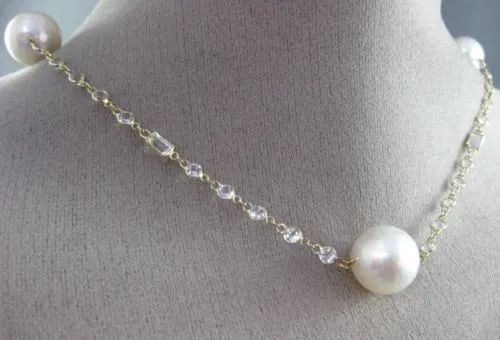 ESTATE LONG 14KT YELLOW GOLD WHITE TOPAZ & SOUTH SEA PEARL BY THE YARD NECKLACE