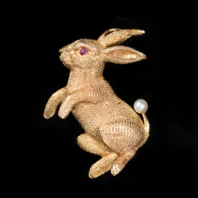 Estate Ruby and Pearl Bunny Brooch