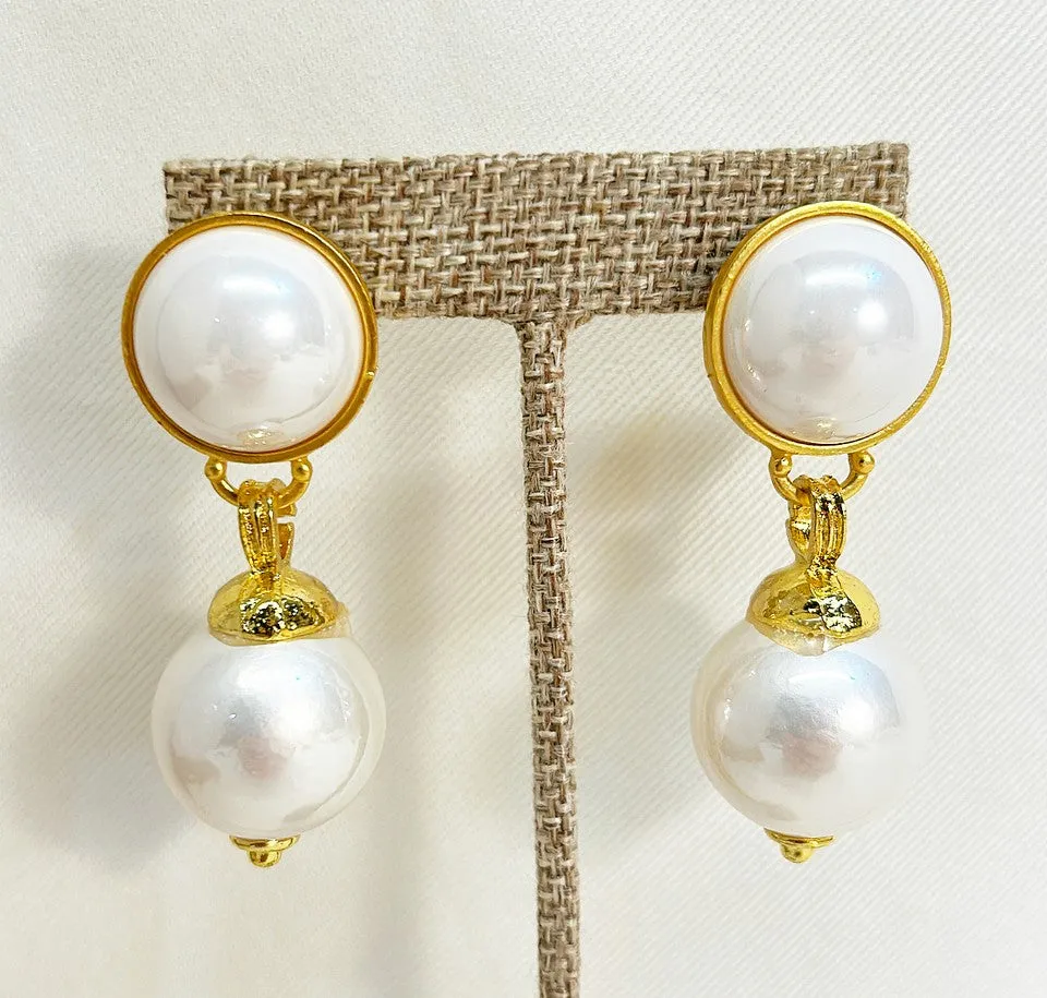 Extra large designer style couture pierced earrings with large faux pearl