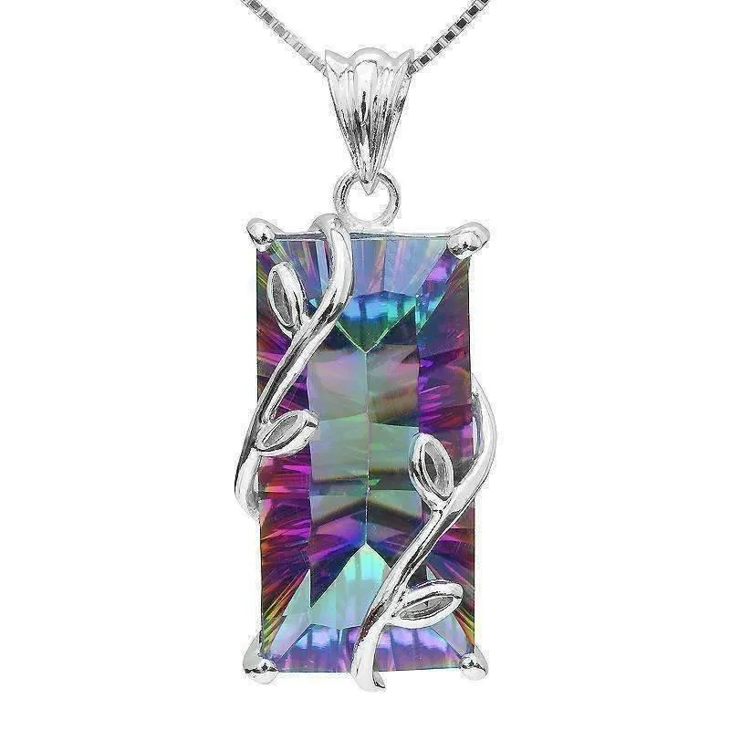 Fantasy Rainbow Fire Genuine Mystic 16CT Emerald Cut IOBI Precious Gems 925 Sterling Silver Pendant Necklace