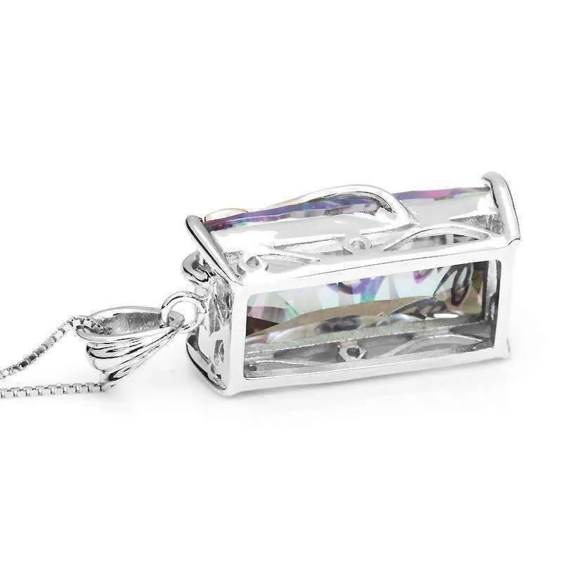 Fantasy Rainbow Fire Genuine Mystic 16CT Emerald Cut IOBI Precious Gems 925 Sterling Silver Pendant Necklace