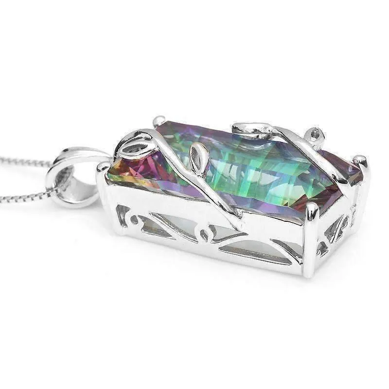 Fantasy Rainbow Fire Genuine Mystic 16CT Emerald Cut IOBI Precious Gems 925 Sterling Silver Pendant Necklace