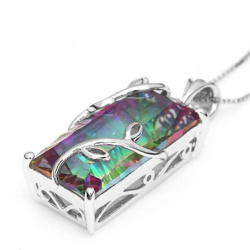 Fantasy Rainbow Fire Genuine Mystic 16CT Emerald Cut IOBI Precious Gems 925 Sterling Silver Pendant Necklace