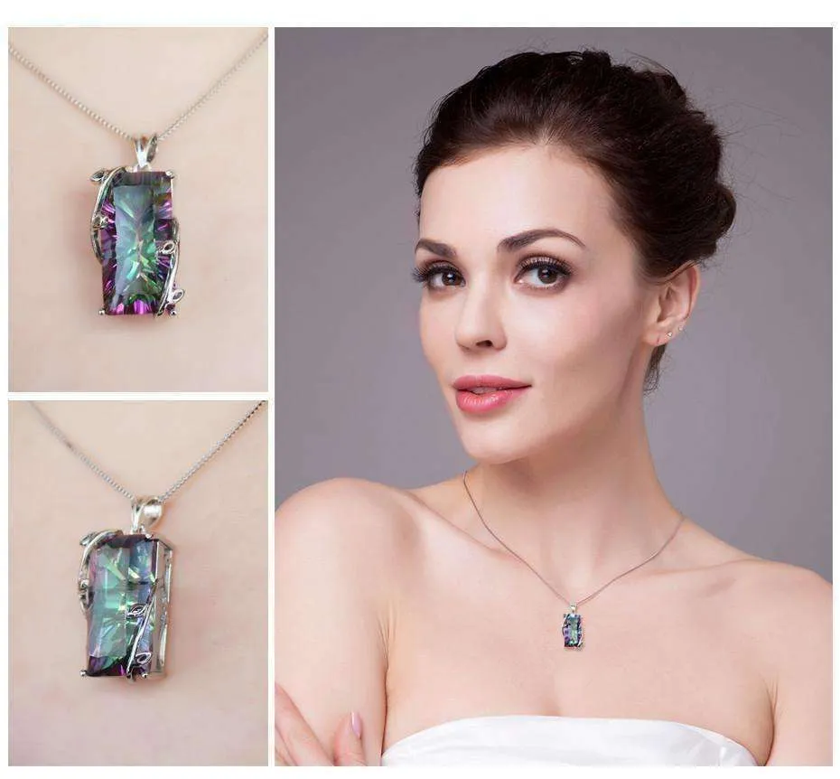 Fantasy Rainbow Fire Genuine Mystic 16CT Emerald Cut IOBI Precious Gems 925 Sterling Silver Pendant Necklace