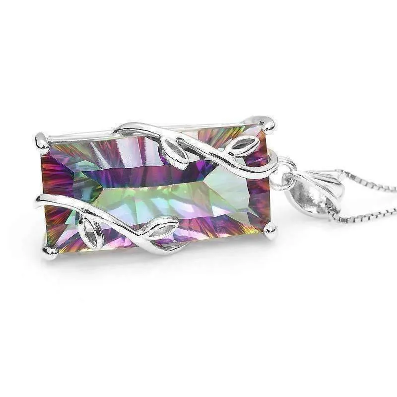 Fantasy Rainbow Fire Genuine Mystic 16CT Emerald Cut IOBI Precious Gems 925 Sterling Silver Pendant Necklace