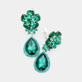 Flower Emerald Green Crystal Teardrop Dangle Clip on Earrings